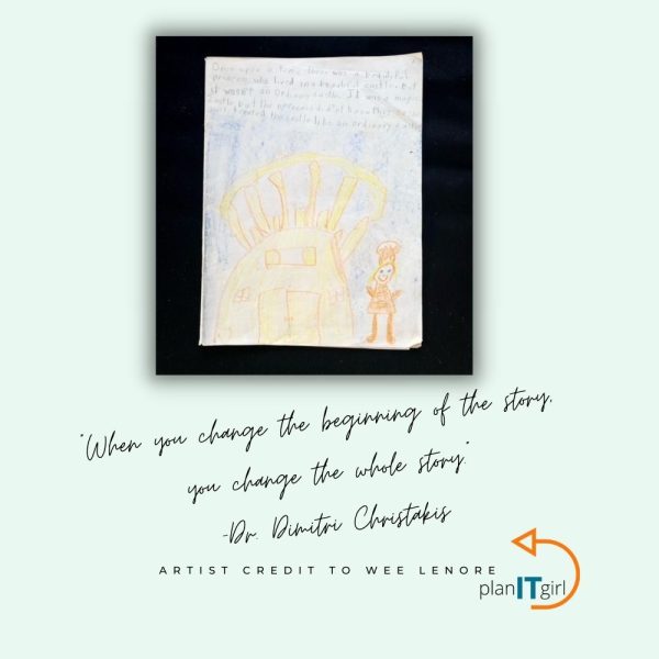 A child's colour pencil drawing on a piece of white paper against a black background shows a yellow castle and an orange princess. The text below the image says" When you change the beginning of the story, you change the whole story. - Dr Dimitri Christakis (Artist credit to Wee Lenore)